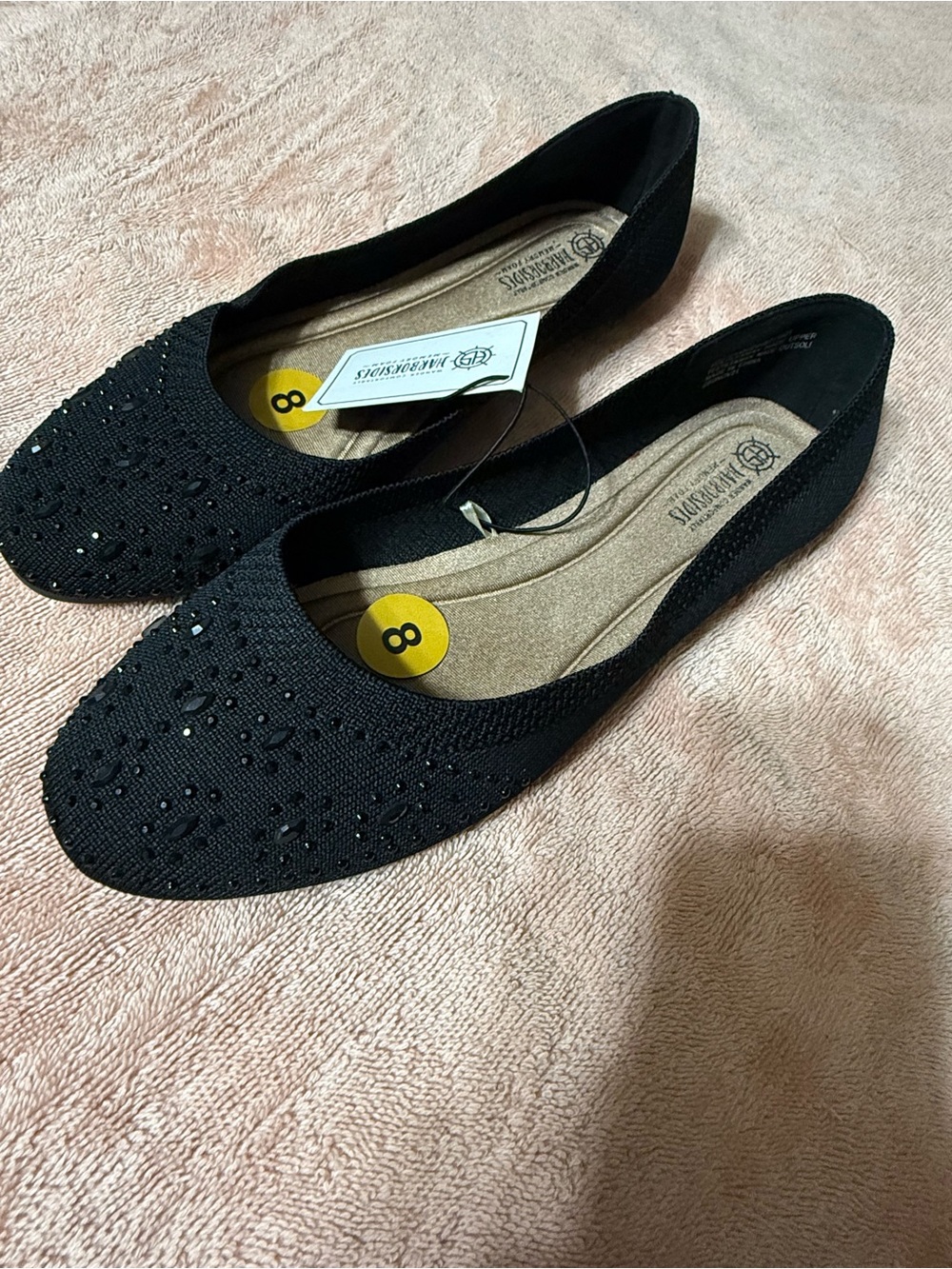Black Knit Slip-On Ballet Flats with Rhinestone Accents